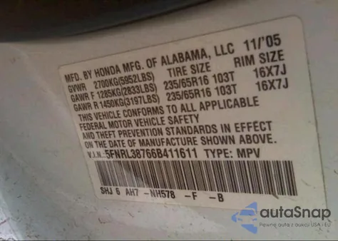 2006 Honda Odyssey (U.s.) Ex from USA, damaged, VIN 5FNRL38766B411611